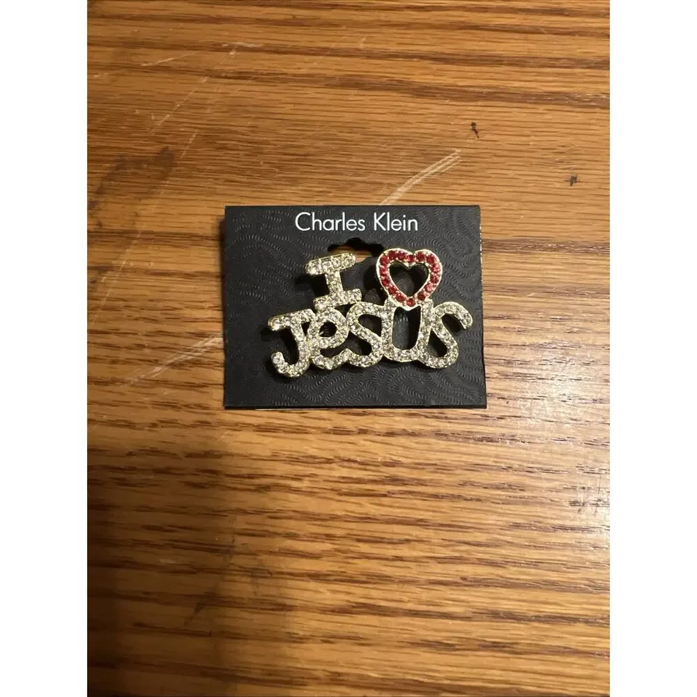 Charles Klein Brooch Pin Gold Tone I Love Jesus Rhinestone Letters Religion